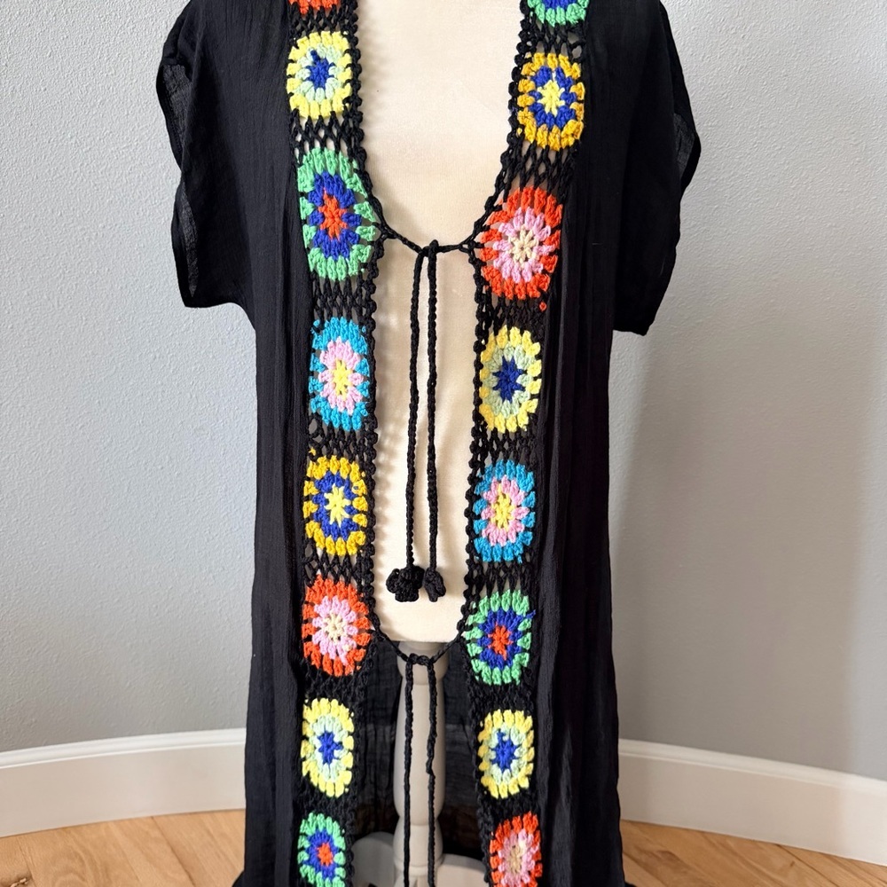 Elan Black Maxi Swim Cover-Up with Multicolor Crochet Trim - Picture 5 of 11